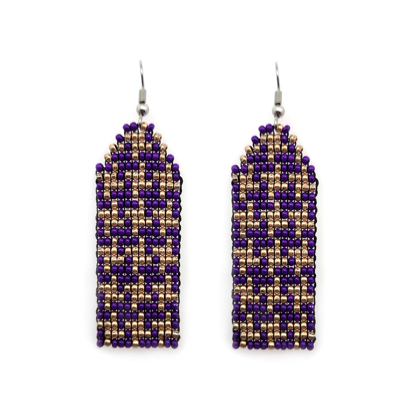 Purple & Gold Houndstooth Beaded Earrings