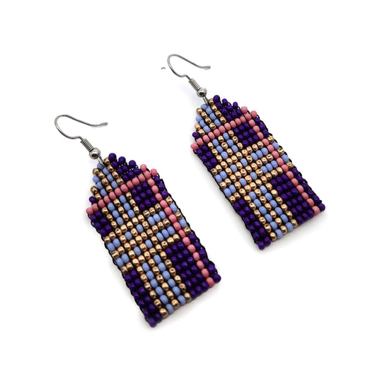 Purple Plaid Beaded Earrings