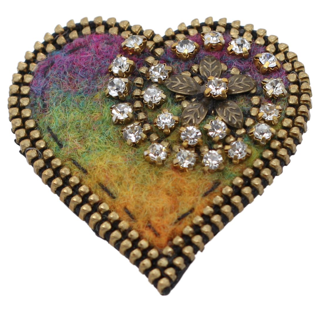 Sparkly Wool & Zipper Heart Brooch