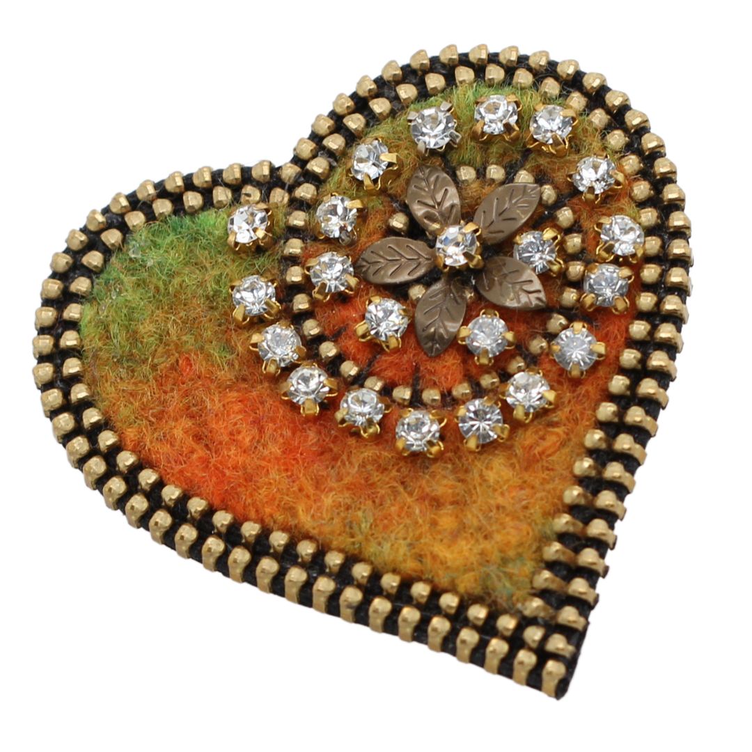 Sparkly Wool & Zipper Heart Brooch