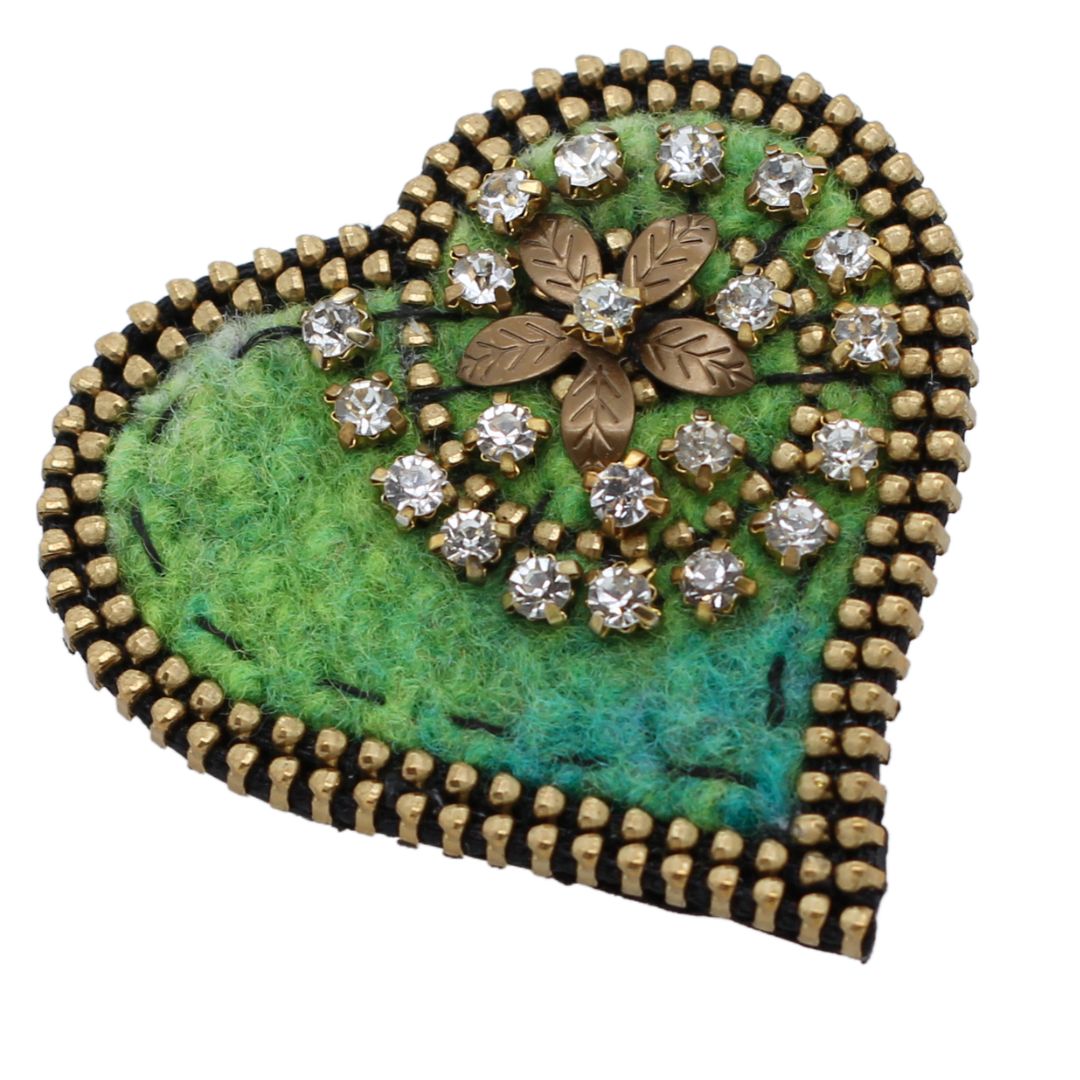 Sparkly Wool & Zipper Heart Brooch