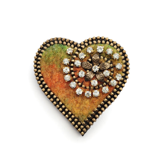 Felted Yellow & Green Heart Brooch