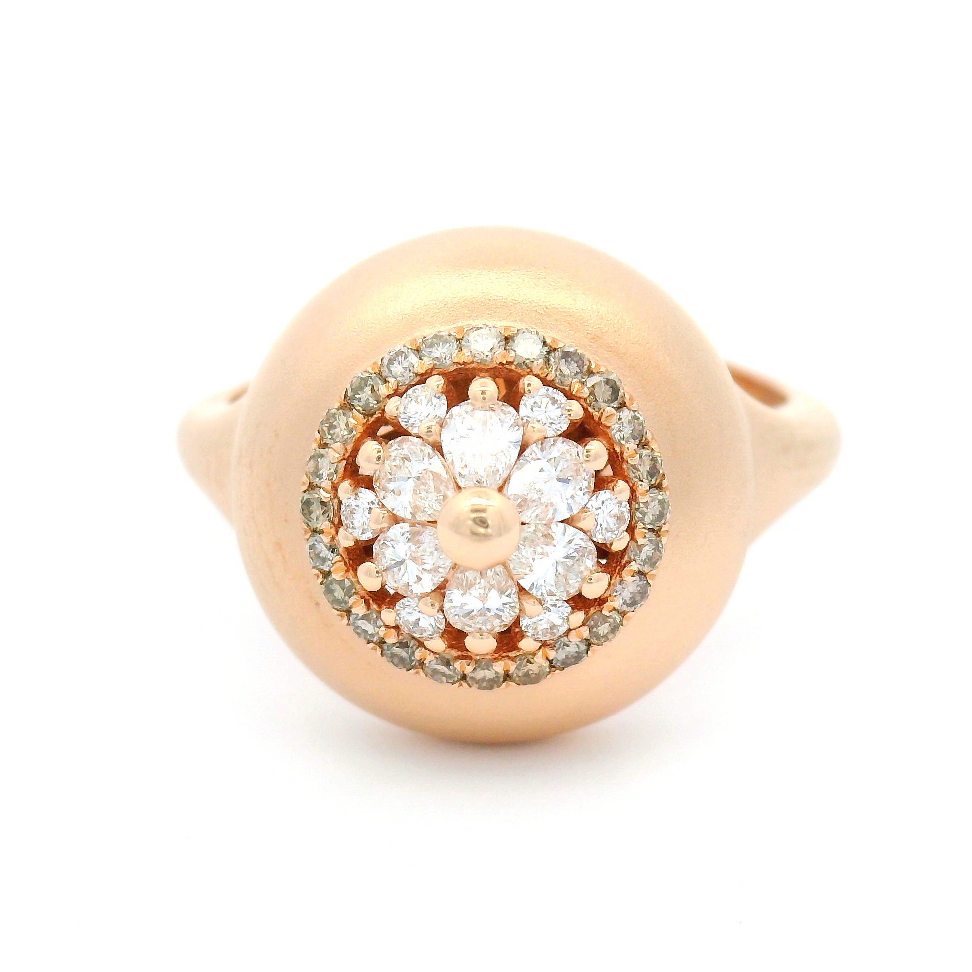 14k Rose Gold Matte Finish Ring with Multi-Cut Diamond Cluster