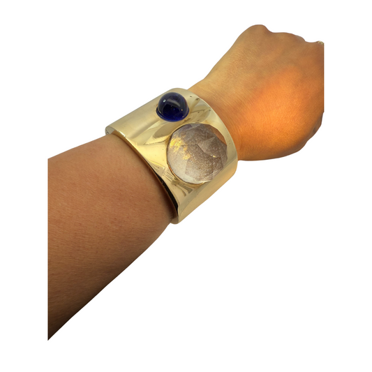 Brass Cuff Bracelet with Blue & Clear Glass