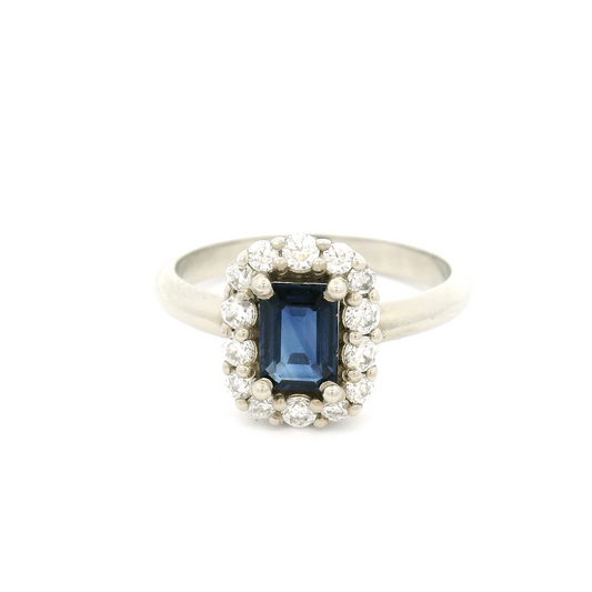 14k White Engagement Ring with 0.77ct Emerald Cut Blue Sapphire Ring and Accent Diamonds