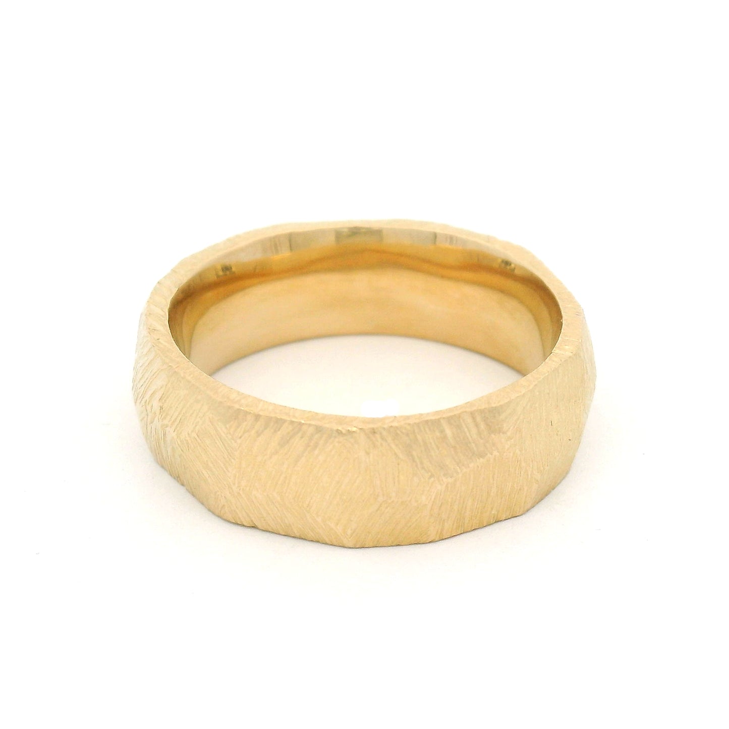 14K yellow gold 7mm textured faceted wedding band with a geometric faceted exterior and polished comfort-fit interior.