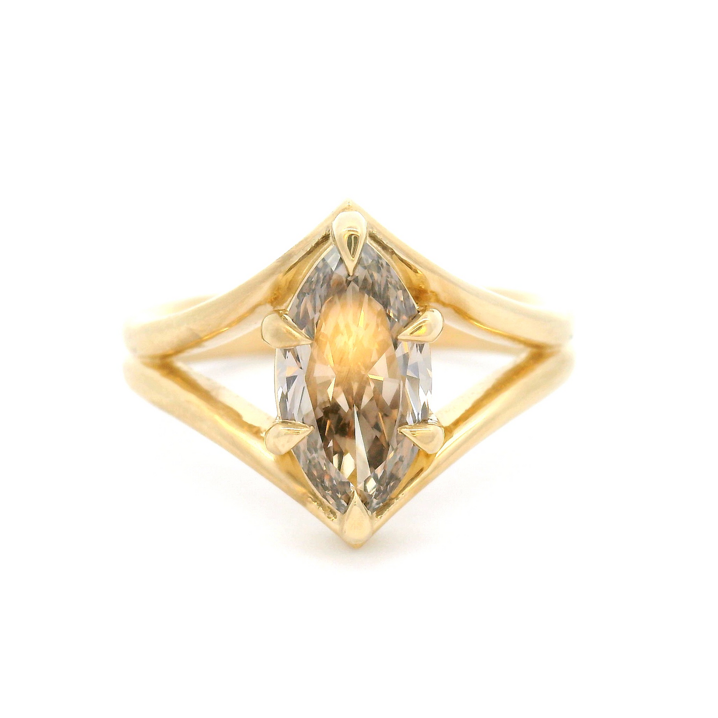 14k Yellow Solitaire with 1.51ct Lab-Grown Marquise Fancy Brown Diamond.  Shown with some yellow light directed at the diamond.