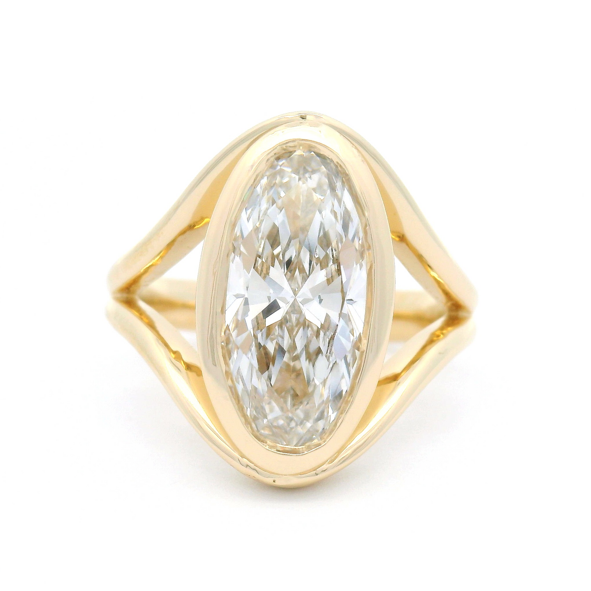 14k Yellow Split-Shank Bezel-Set Solitaire with 3.05ct Lab-Grown Elongated Oval Diamond