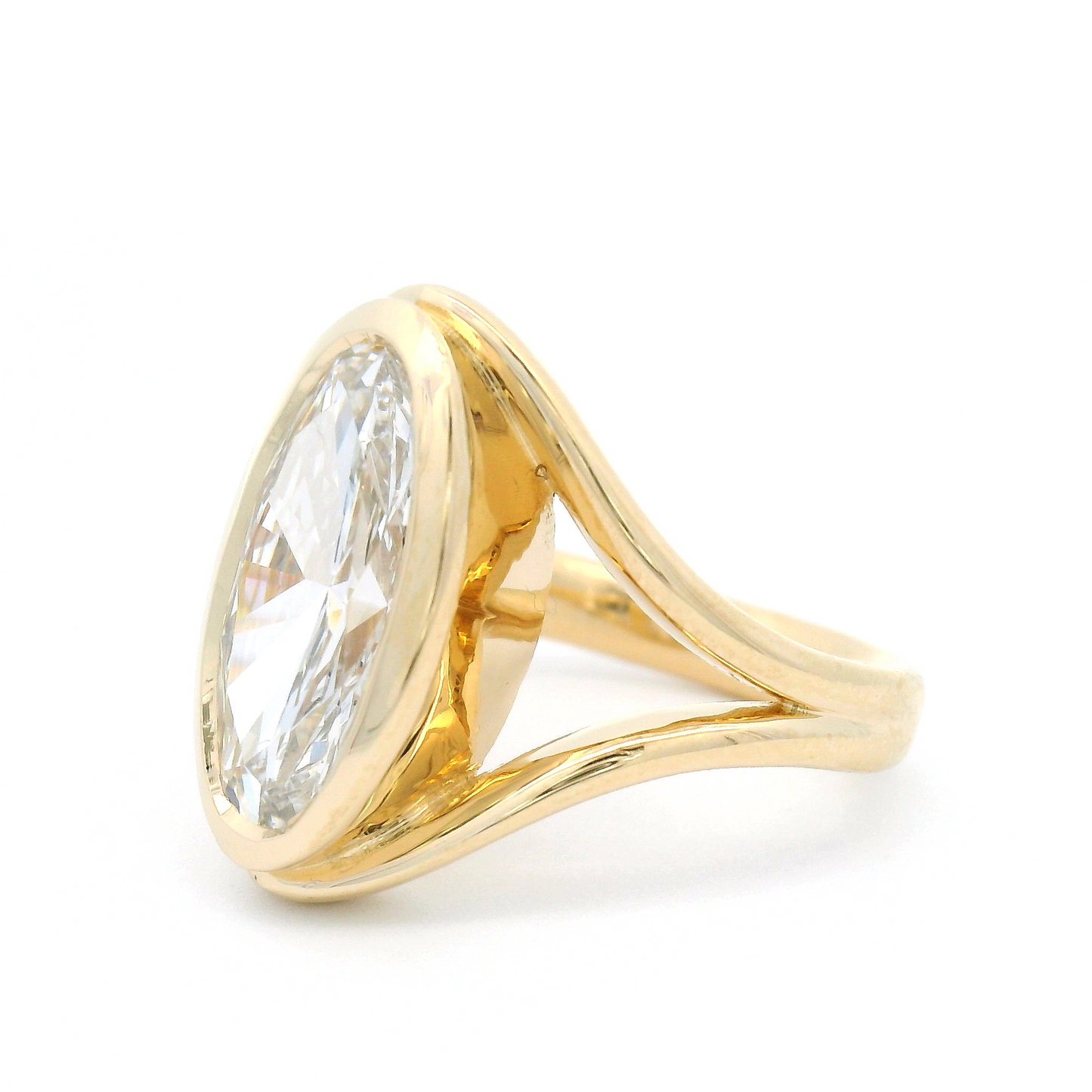 14k Yellow Split-Shank Bezel-Set Solitaire with 3.05ct Lab-Grown Elongated Oval Diamond