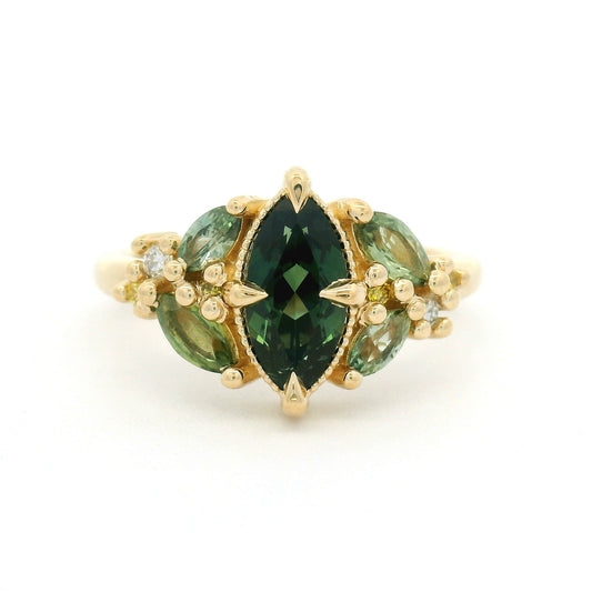 14k Yellow Engagement Ring with 1.01ct Natural Green Sapphire, Accent Natural Light Green Sapphires & Yellow Lab Diamonds