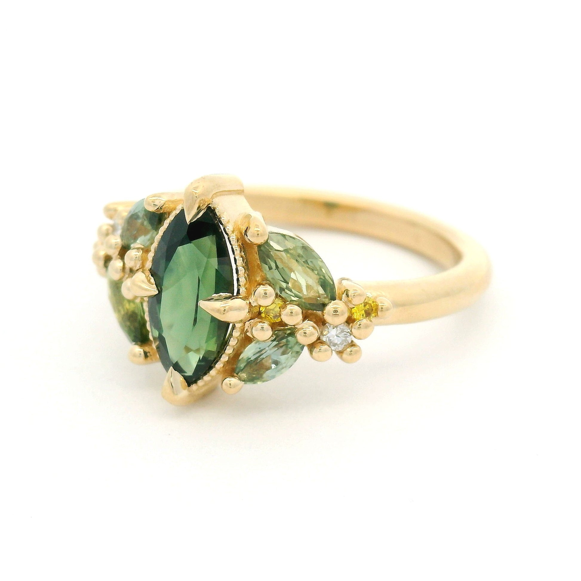 14k Yellow Engagement Ring with 1.01ct Natural Green Sapphire, Accent Natural Light Green Sapphires & Yellow Lab Diamonds
