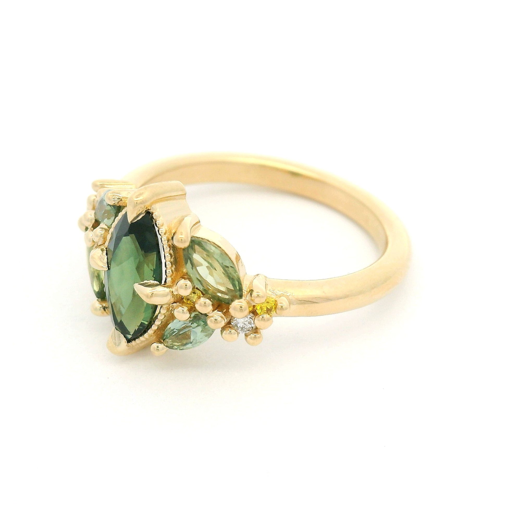 14k Yellow Engagement Ring with 1.01ct Natural Green Sapphire, Accent Natural Light Green Sapphires & Yellow Lab Diamonds