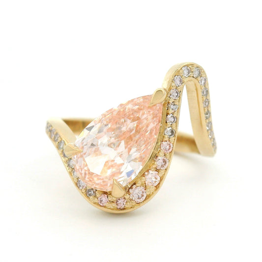 14k Yellow Wavy Engagement Ring with 2.11ct Lab-Grown Pink Pear-Shaped Diamond, Accent Lab & Natural Diamonds