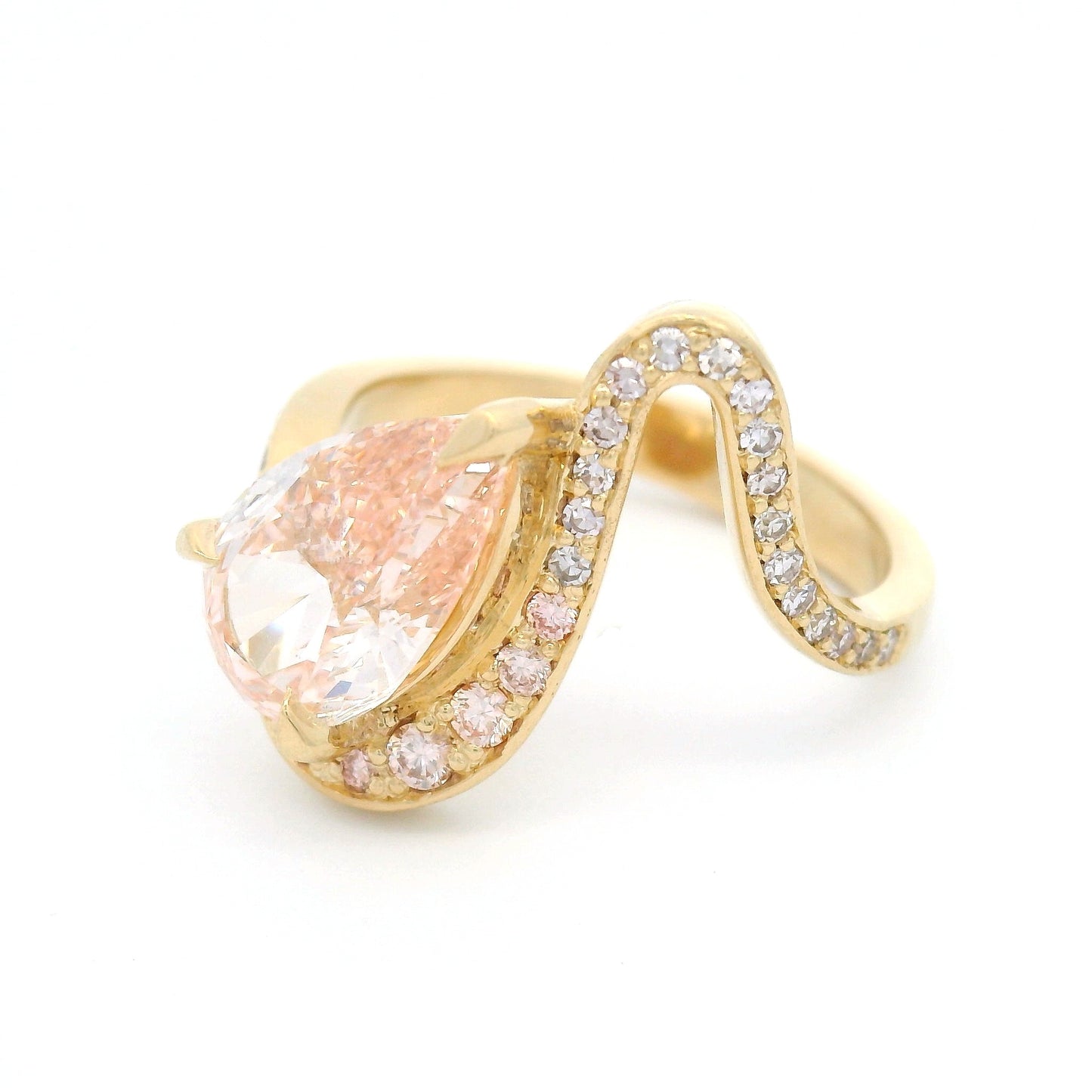 14k Yellow Wavy Engagement Ring with 2.11ct Lab-Grown Pink Pear-Shaped Diamond, Accent Lab & Natural Diamonds