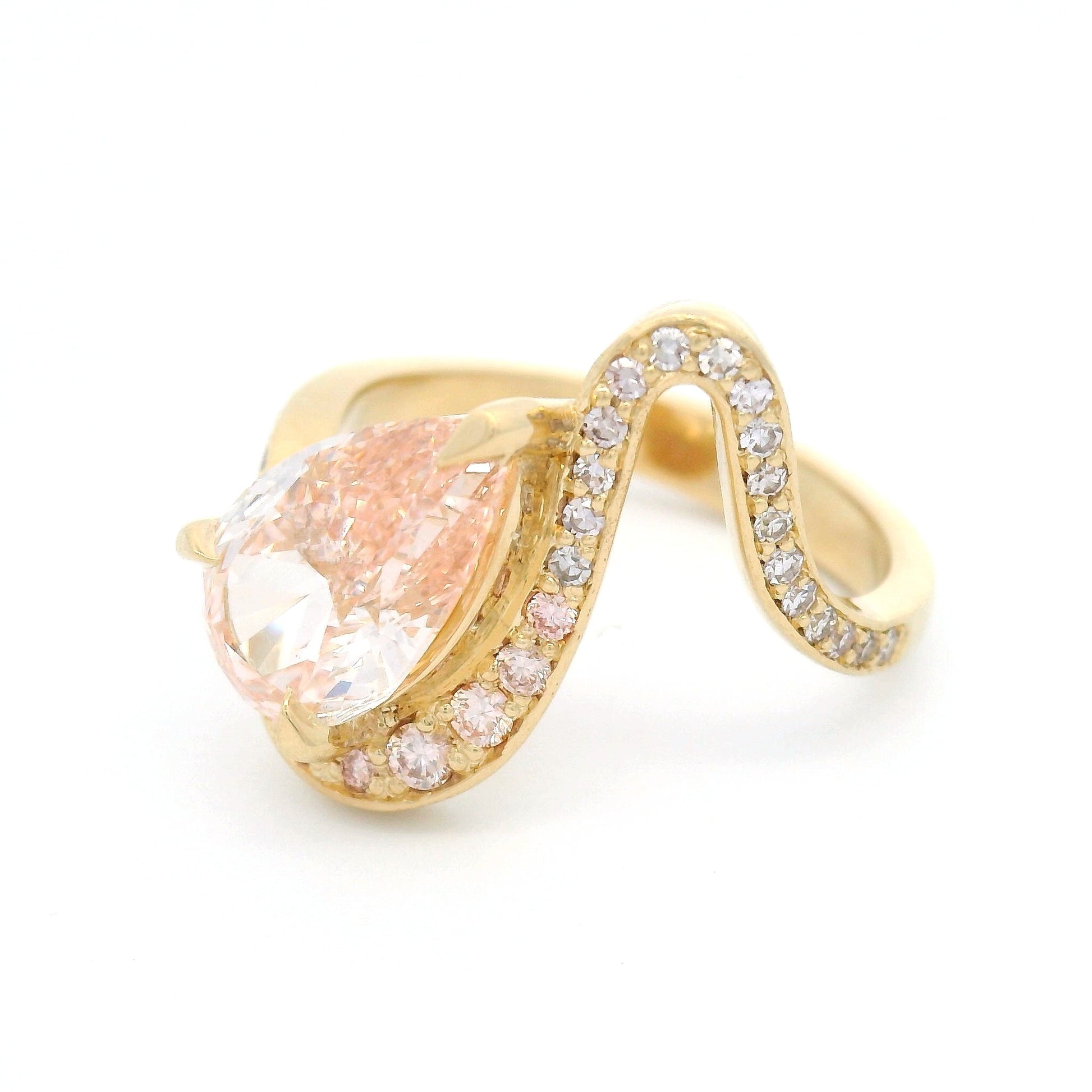 14k Yellow Wavy Engagement Ring with 2.11ct Lab-Grown Pink Pear-Shaped Diamond, Accent Lab & Natural Diamonds