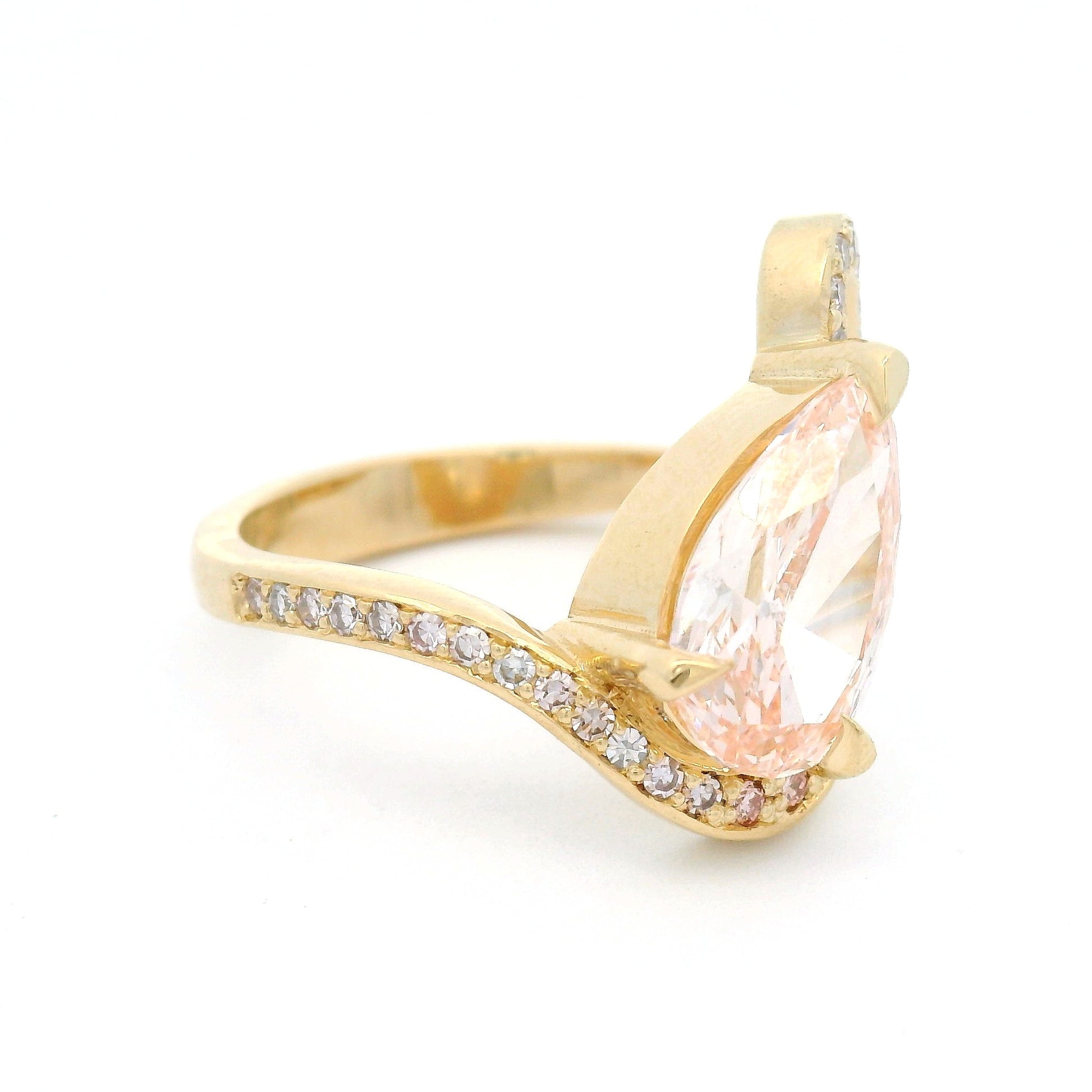 14k Yellow Wavy Engagement Ring with 2.11ct Lab-Grown Pink Pear-Shaped Diamond, Accent Lab & Natural Diamonds