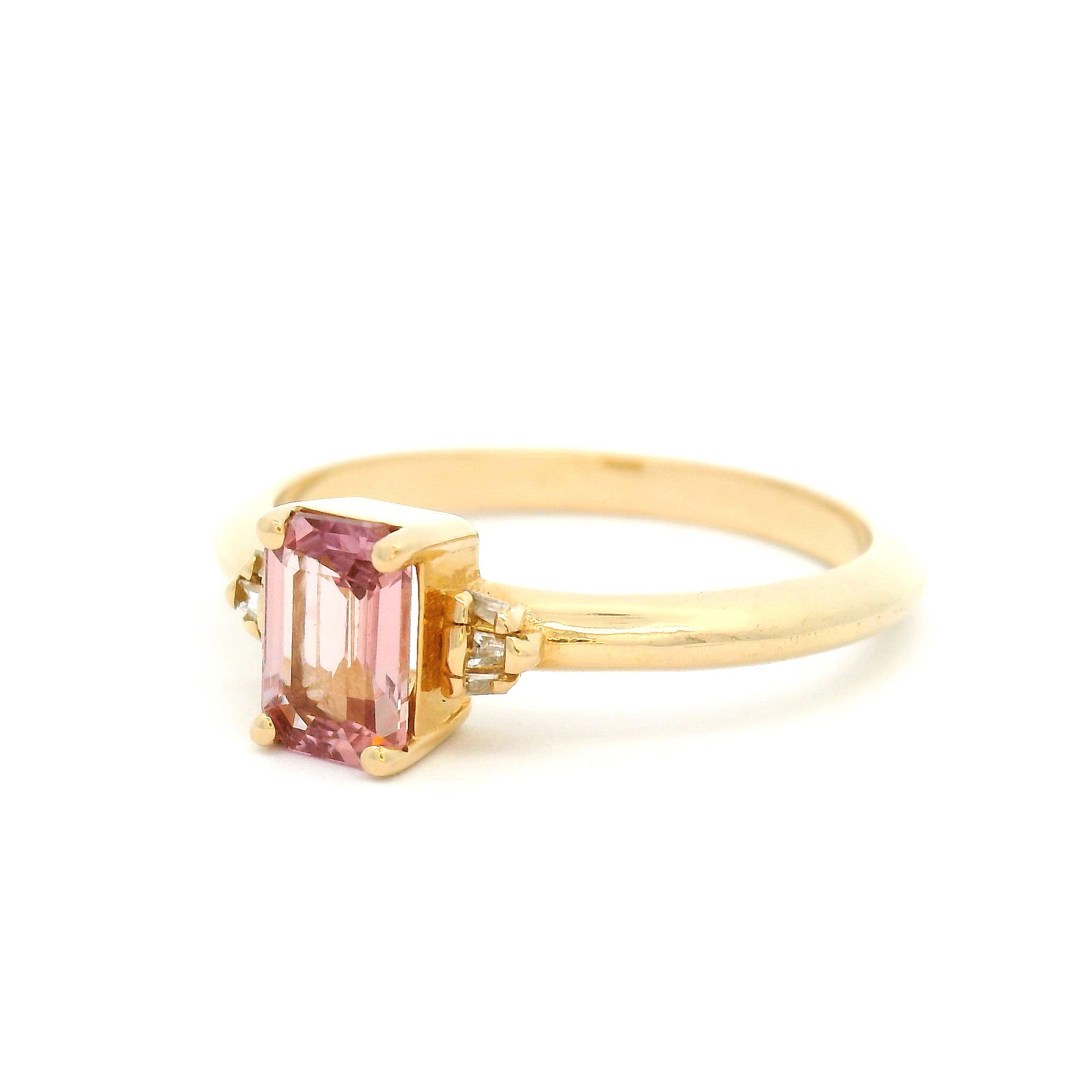 14k Yellow Pink Sapphire Engagement Ring with Accent Baguette Diamonds