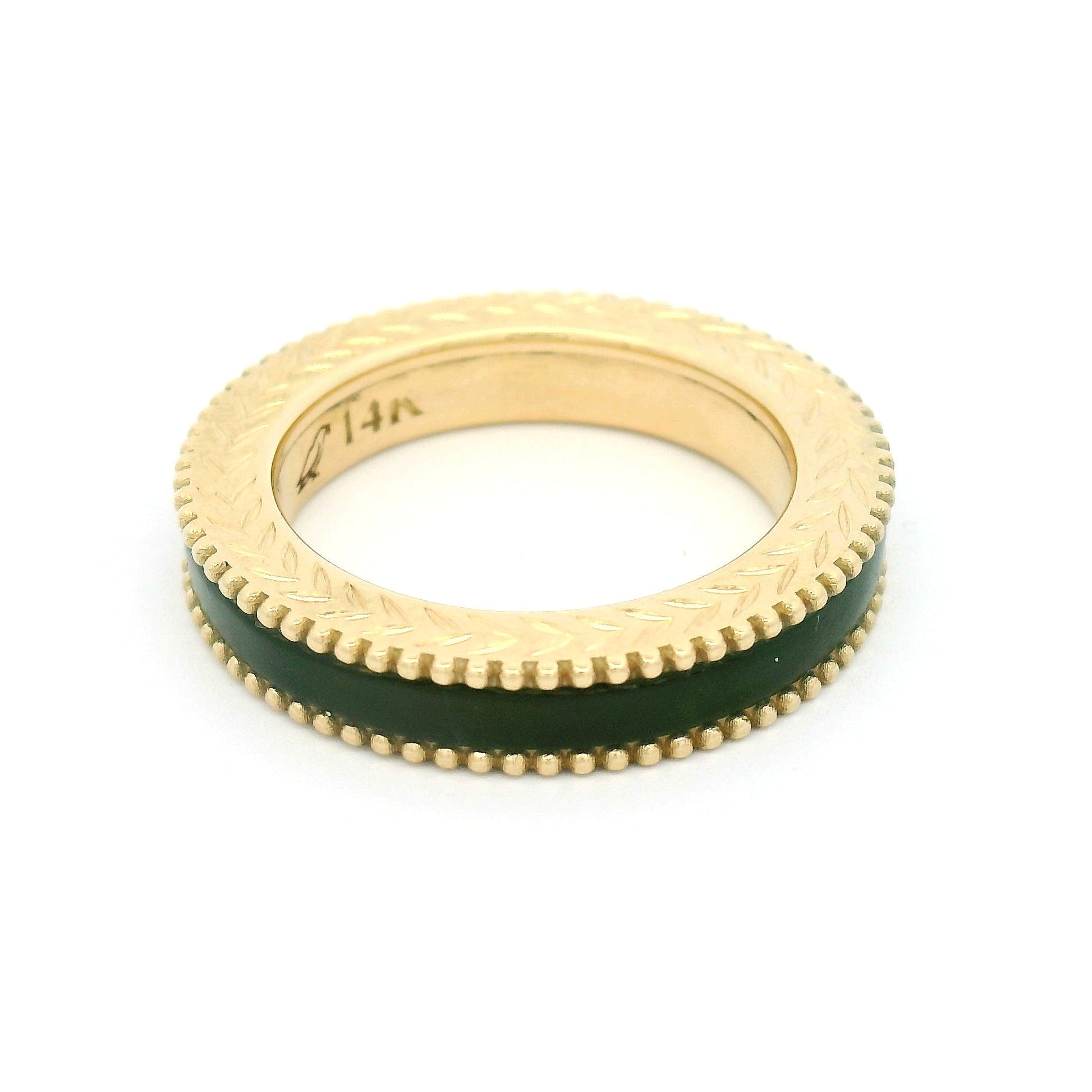 14k Yellow 4mm Wide Hand-Engraved Band with Inlaid Nephrite Jade
