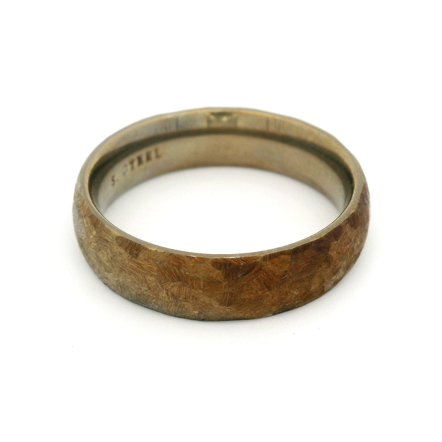 6mm stainless steel soft domed wedding band with a textured anodized yellow finish and comfort-fit interior.