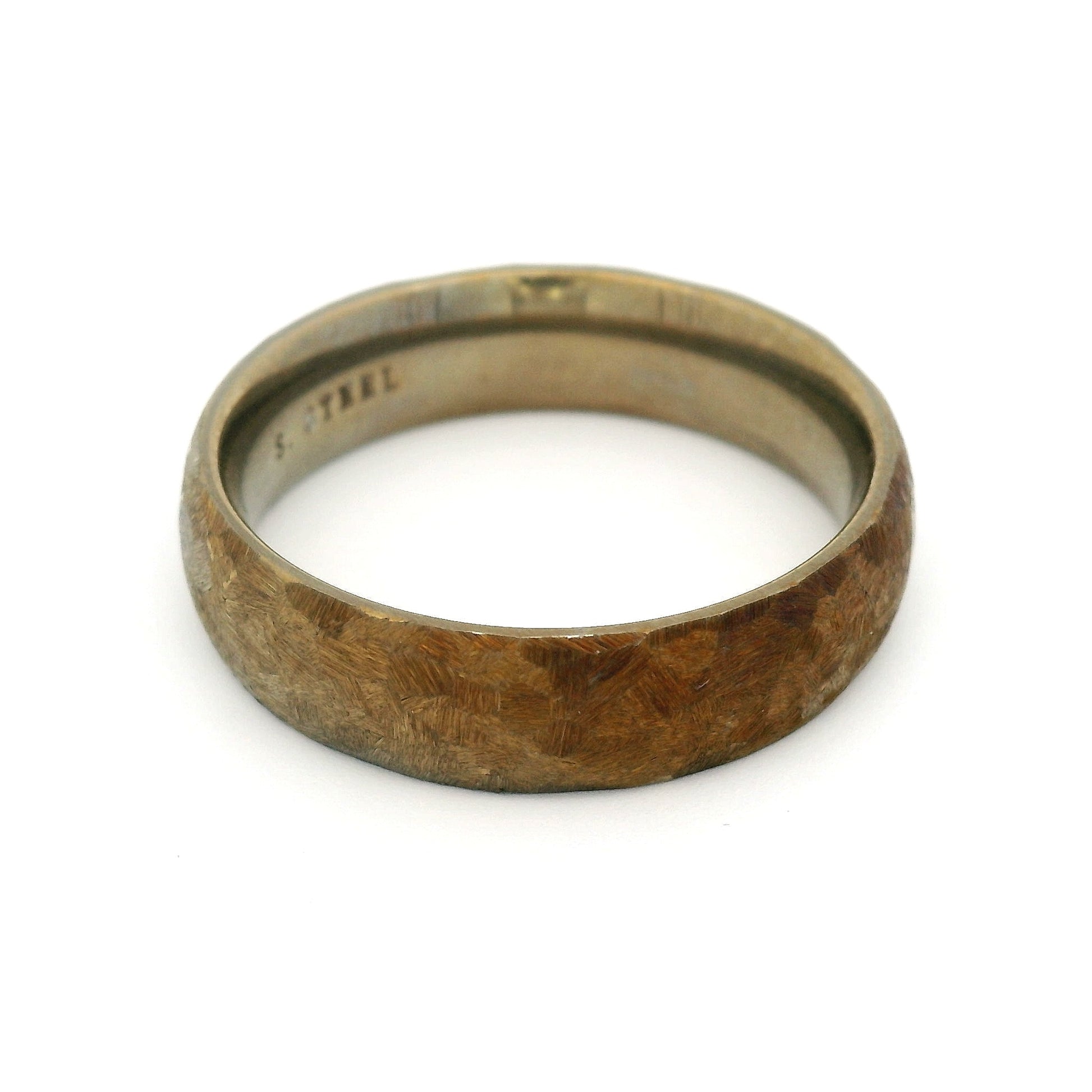 6mm stainless steel soft domed wedding band with a textured anodized yellow finish and comfort-fit interior.