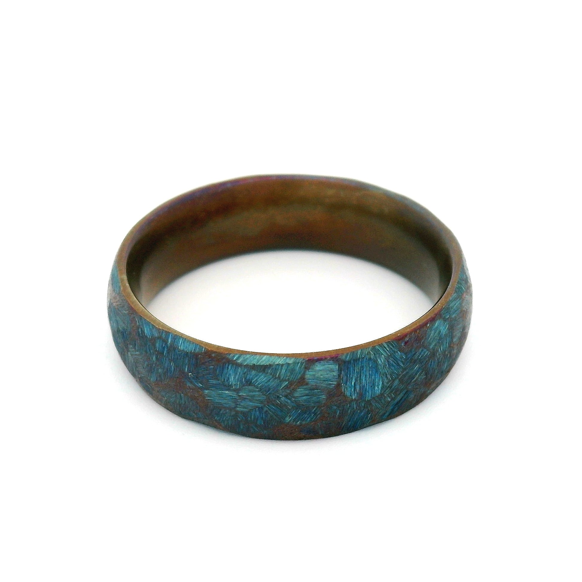 6mm stainless steel soft domed wedding band with textured anodized blue finish and comfort-fit interior.