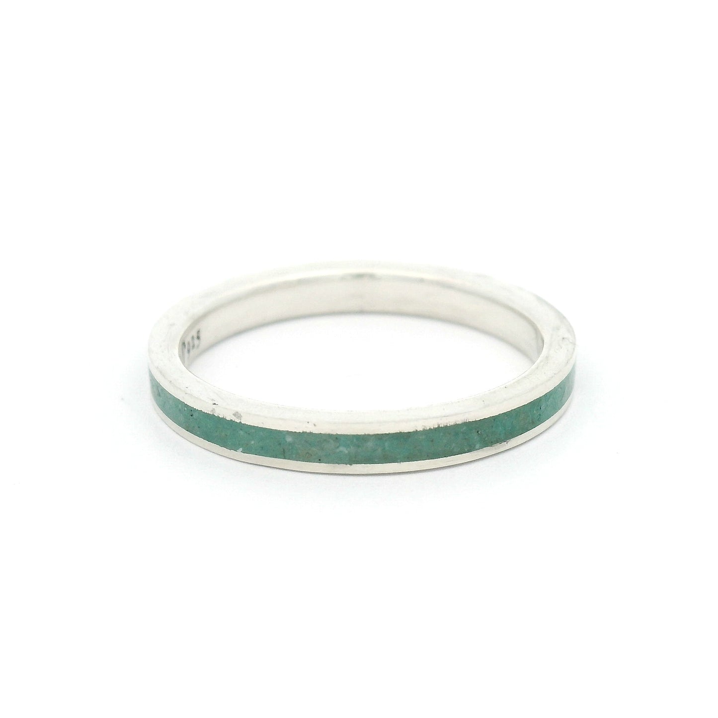 2.5mm sterling silver ring with polished edges and a natural amazonite stone inlay in soft blue-green tones.