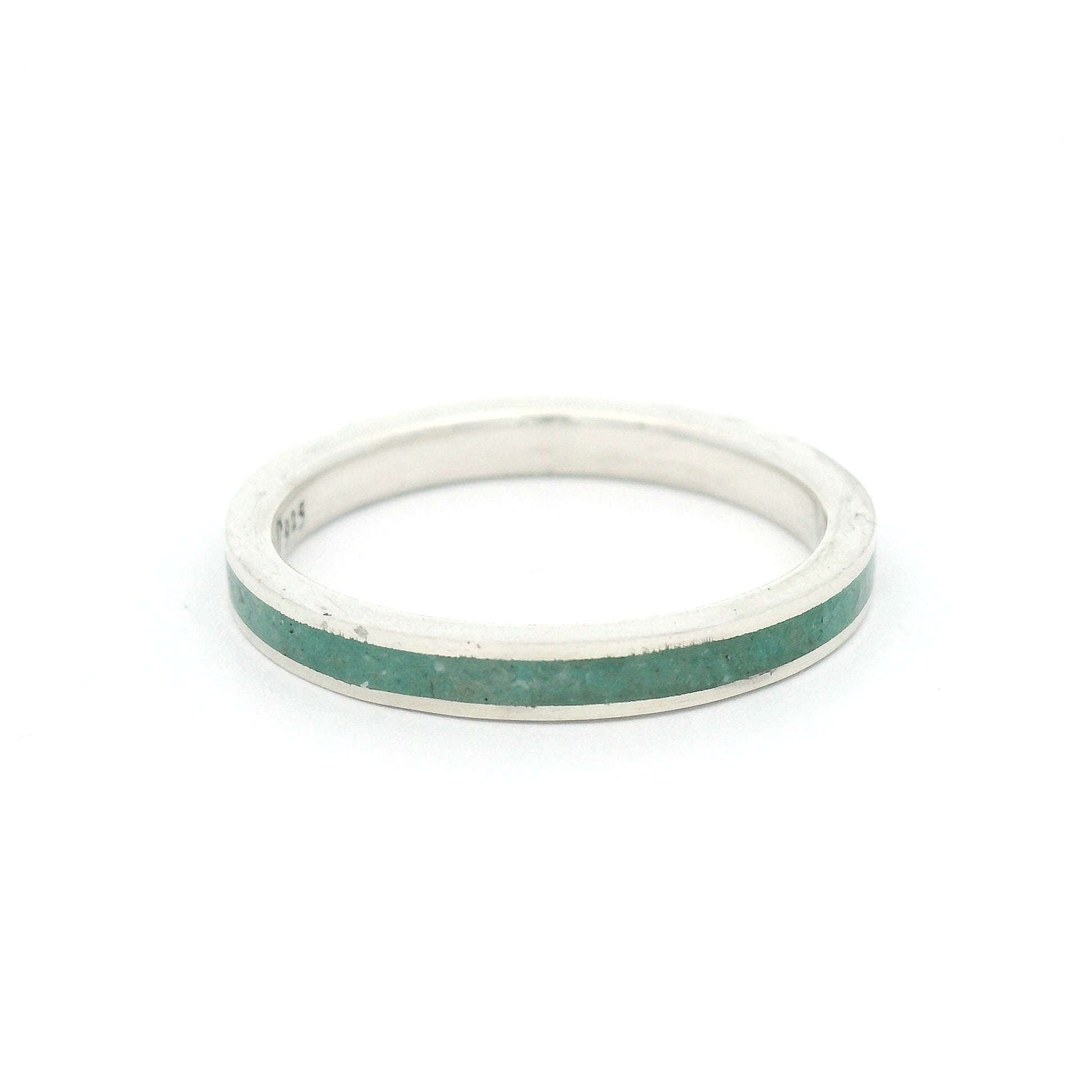 2.5mm sterling silver ring with polished edges and a natural amazonite stone inlay in soft blue-green tones.