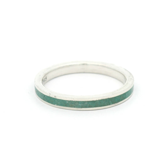 2.5mm sterling silver ring with polished edges and a natural amazonite stone inlay in soft blue-green tones.