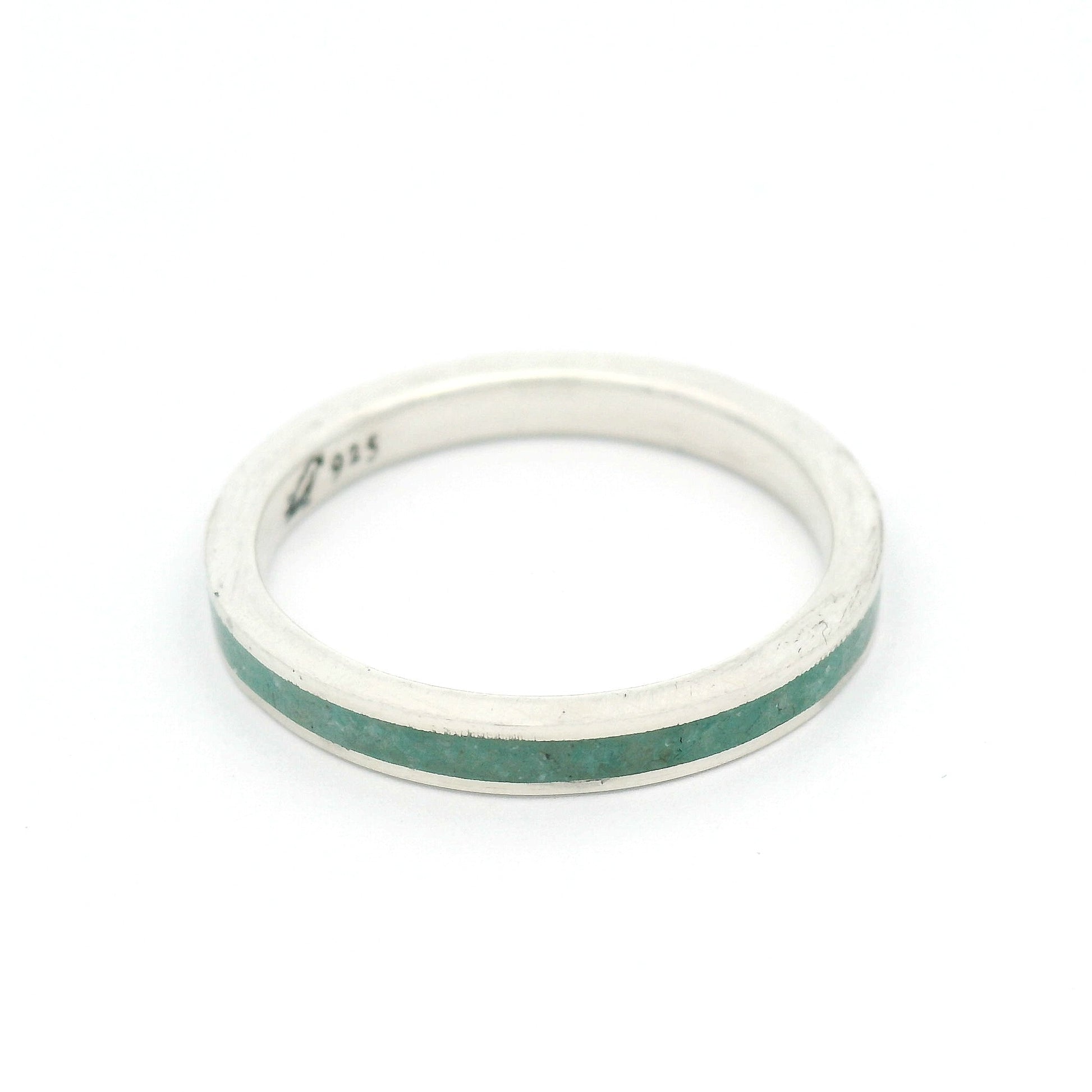 2.5mm sterling silver ring with polished edges and a natural amazonite stone inlay in soft blue-green tones.