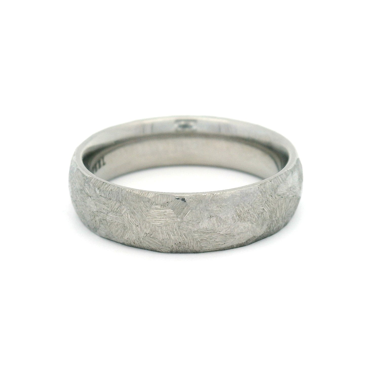 6mm stainless steel soft domed wedding band with frosted white textured finish and comfort-fit interior.