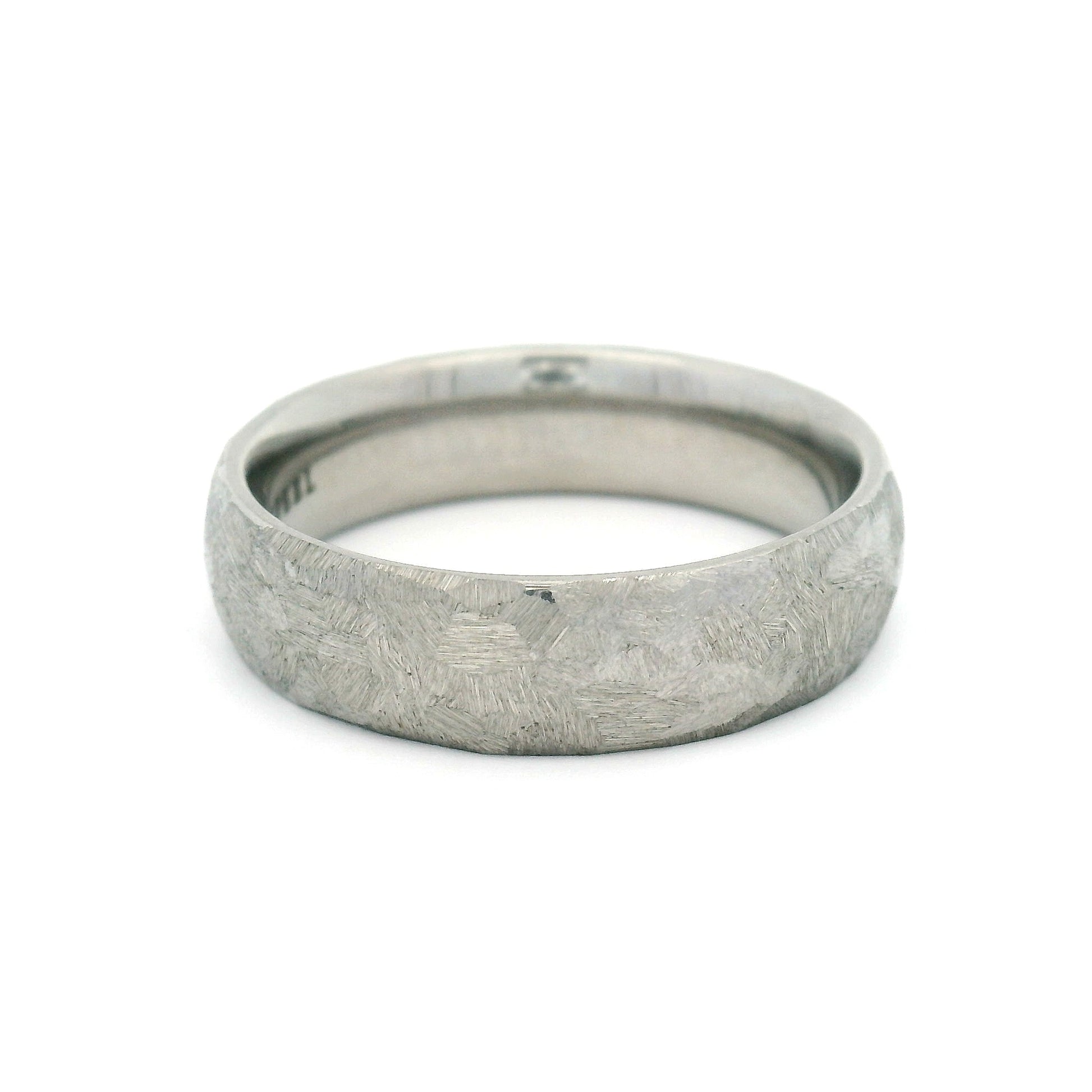 6mm stainless steel soft domed wedding band with frosted white textured finish and comfort-fit interior.