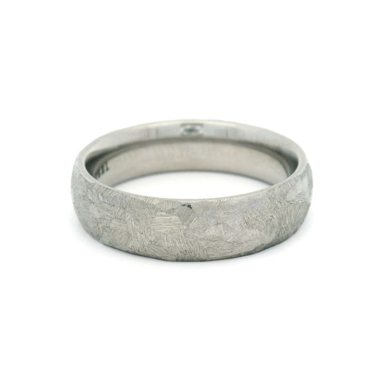 6mm stainless steel soft domed wedding band with frosted white textured finish and comfort-fit interior.