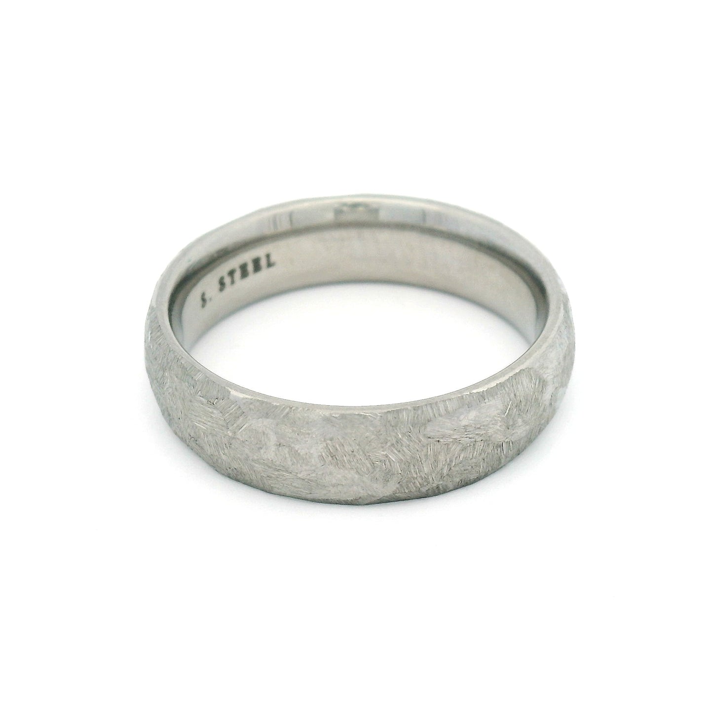 6mm stainless steel soft domed wedding band with frosted white textured finish and comfort-fit interior.