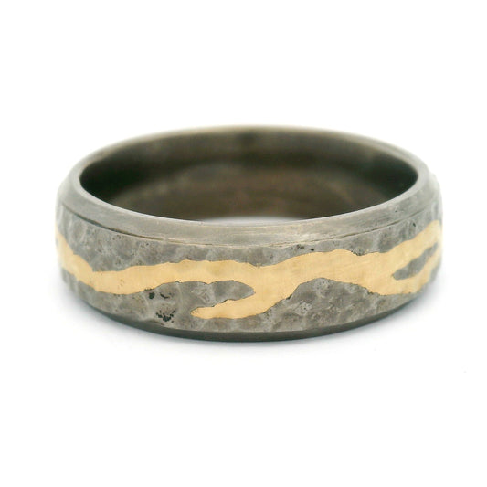 Titanium 7mm Wide Heavy Texture Band with 18k Yellow Inlay