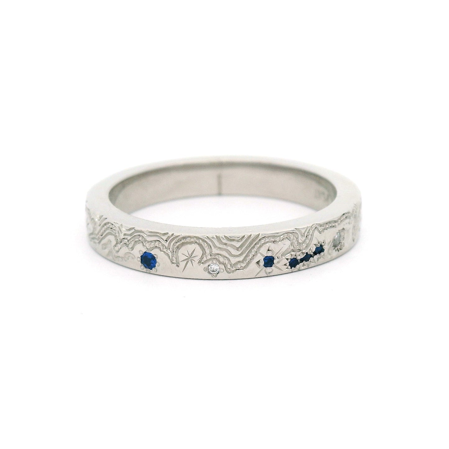 Platinum Hand-Engraved Band with Lab-Grown Sapphires and Lab-Grown Diamonds