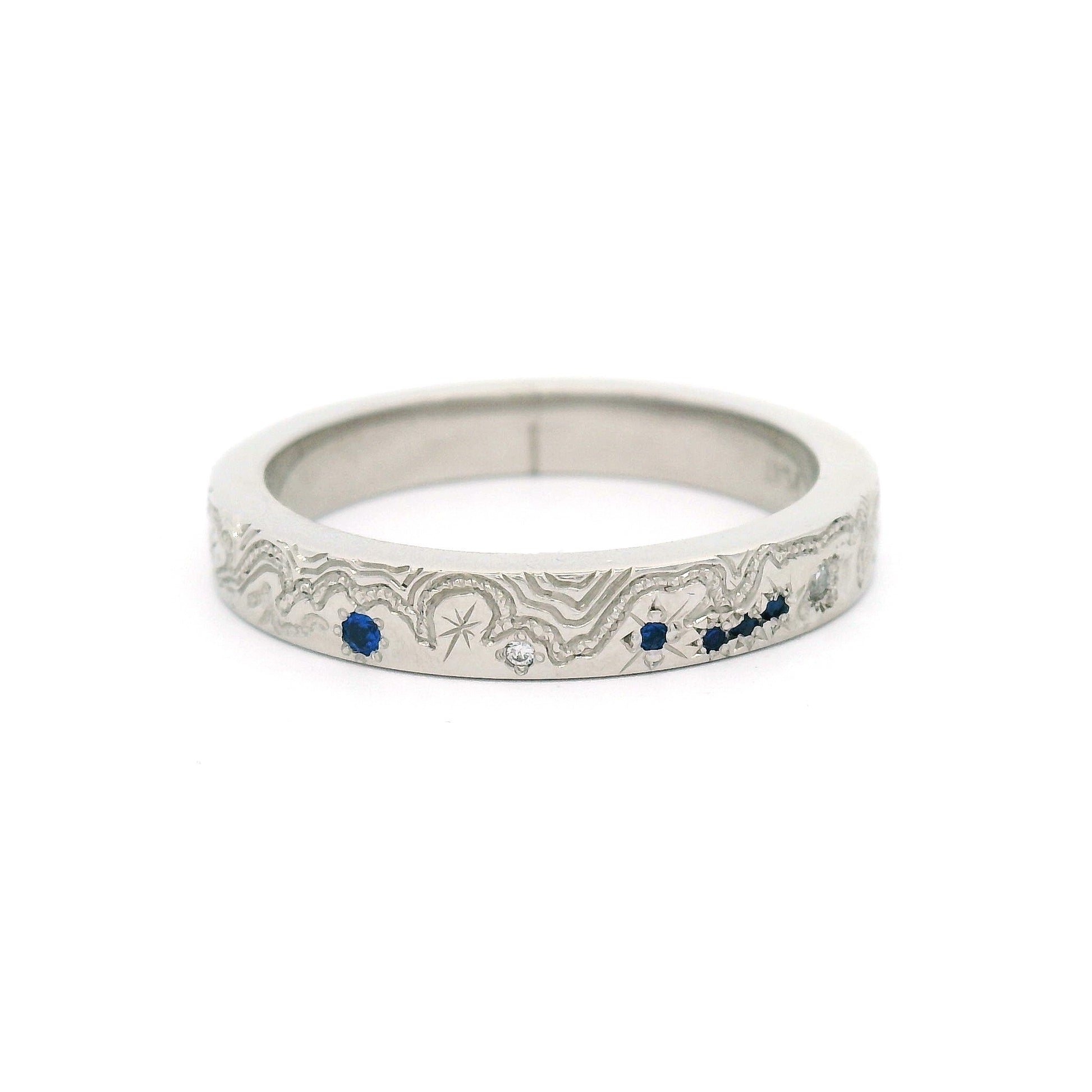 Platinum Hand-Engraved Band with Lab-Grown Sapphires and Lab-Grown Diamonds