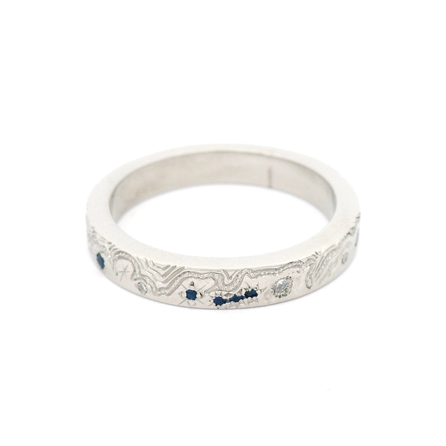 Platinum Hand-Engraved Band with Lab-Grown Sapphires and Lab-Grown Diamonds