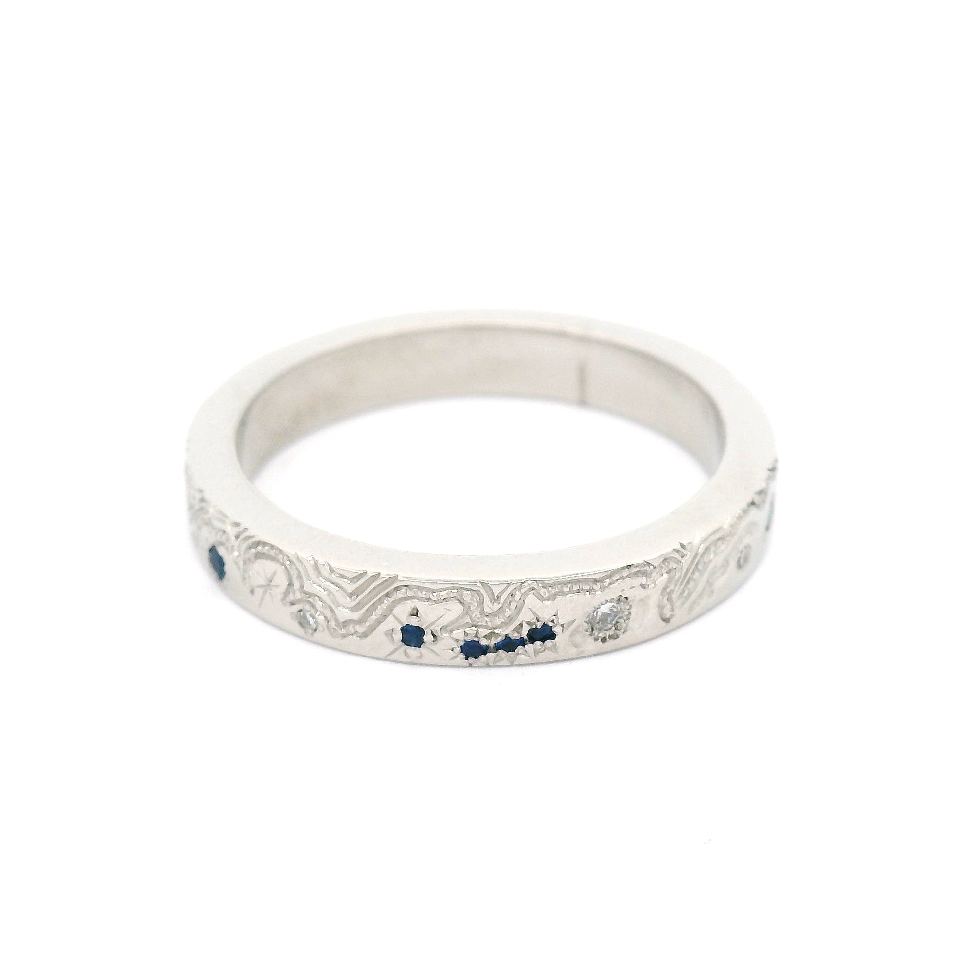 Platinum Hand-Engraved Band with Lab-Grown Sapphires and Lab-Grown Diamonds