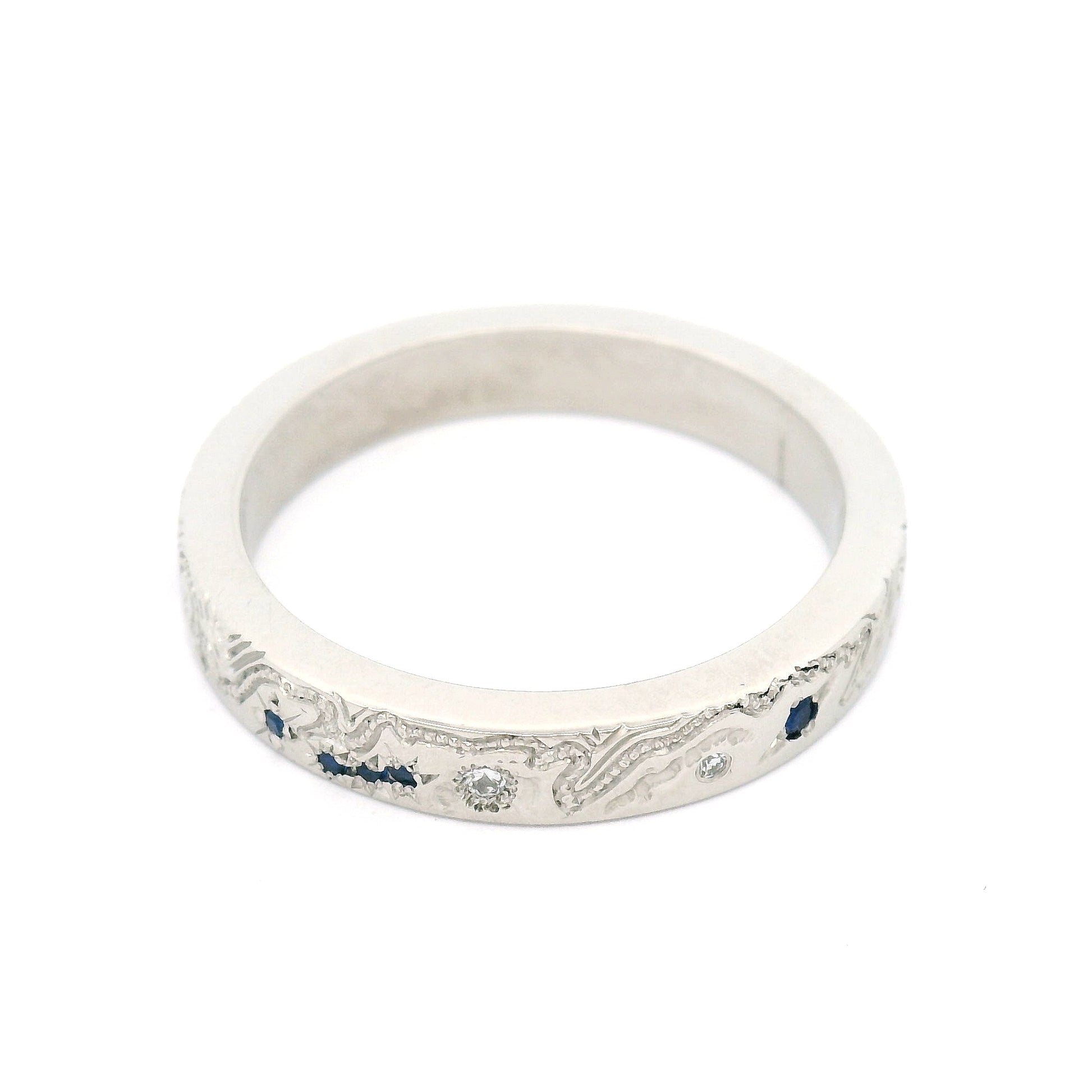 Platinum Hand-Engraved Band with Lab-Grown Sapphires and Lab-Grown Diamonds