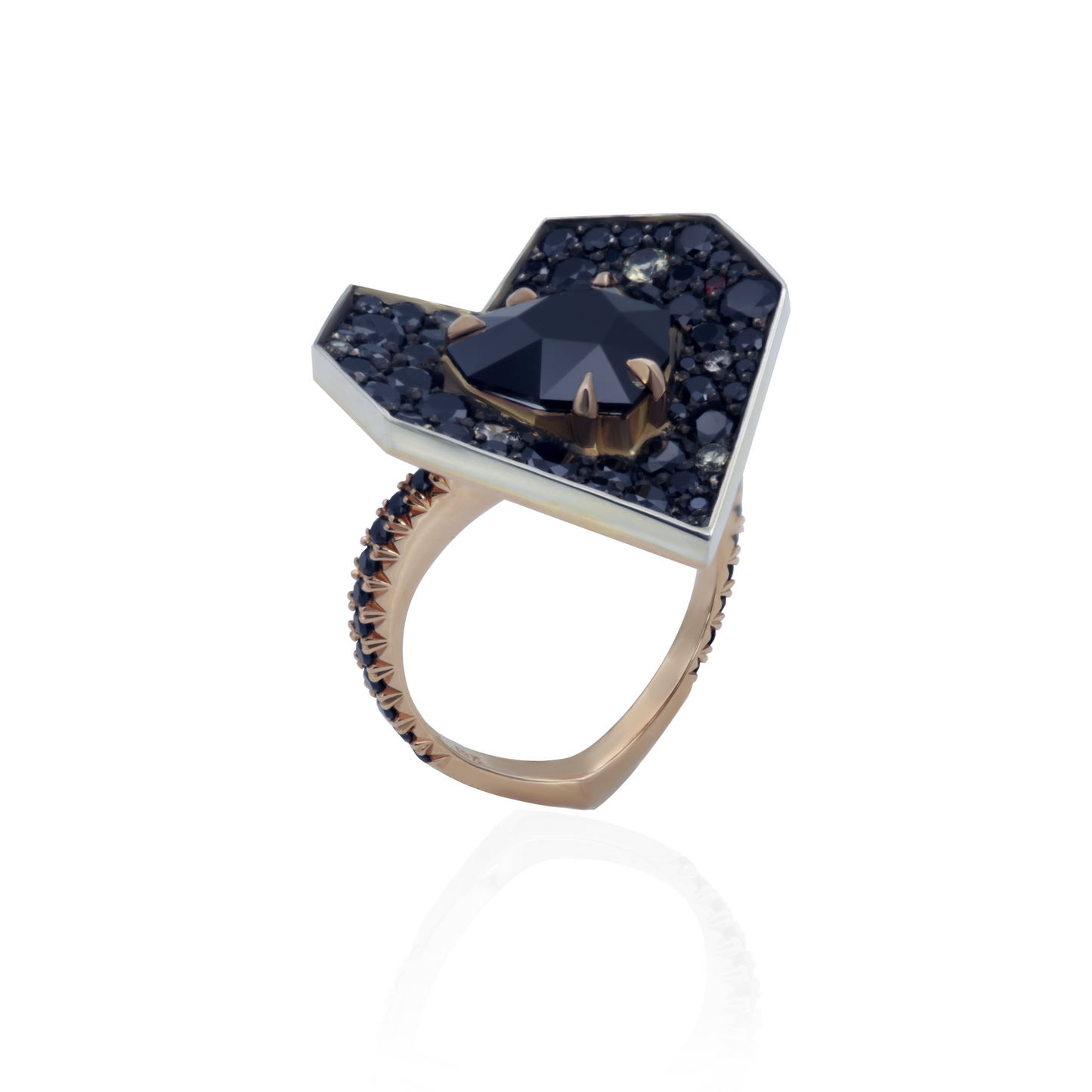 One-of-a-kind Eclipse Of The Heart ring in 18K rose gold and oxidized sterling silver with a 5.61ct natural black spinel, 5.98cts of black, yellow, and red sapphires in random snow pavé, fishtail-set shank, and decorative mises à jour.
