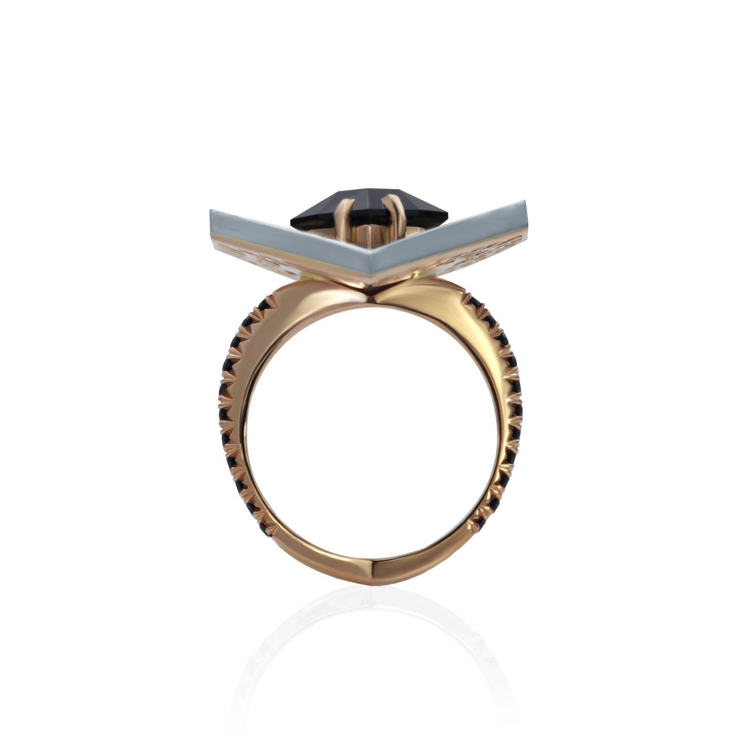 One-of-a-kind Eclipse Of The Heart ring in 18K rose gold and oxidized sterling silver with a 5.61ct natural black spinel, 5.98cts of black, yellow, and red sapphires in random snow pavé, fishtail-set shank, and decorative mises à jour.