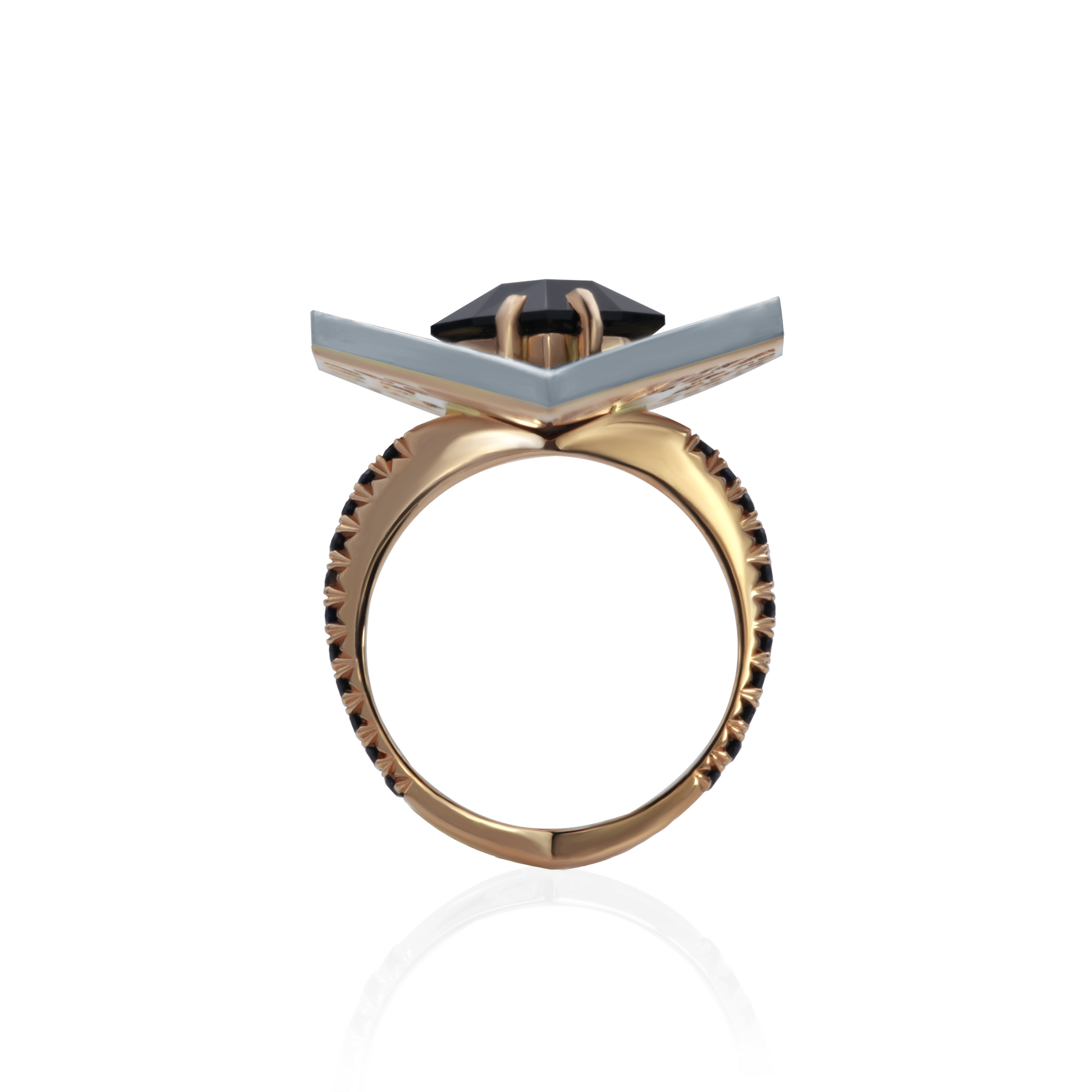 One-of-a-kind Eclipse Of The Heart ring in 18K rose gold and oxidized sterling silver with a 5.61ct natural black spinel, 5.98cts of black, yellow, and red sapphires in random snow pavé, fishtail-set shank, and decorative mises à jour.