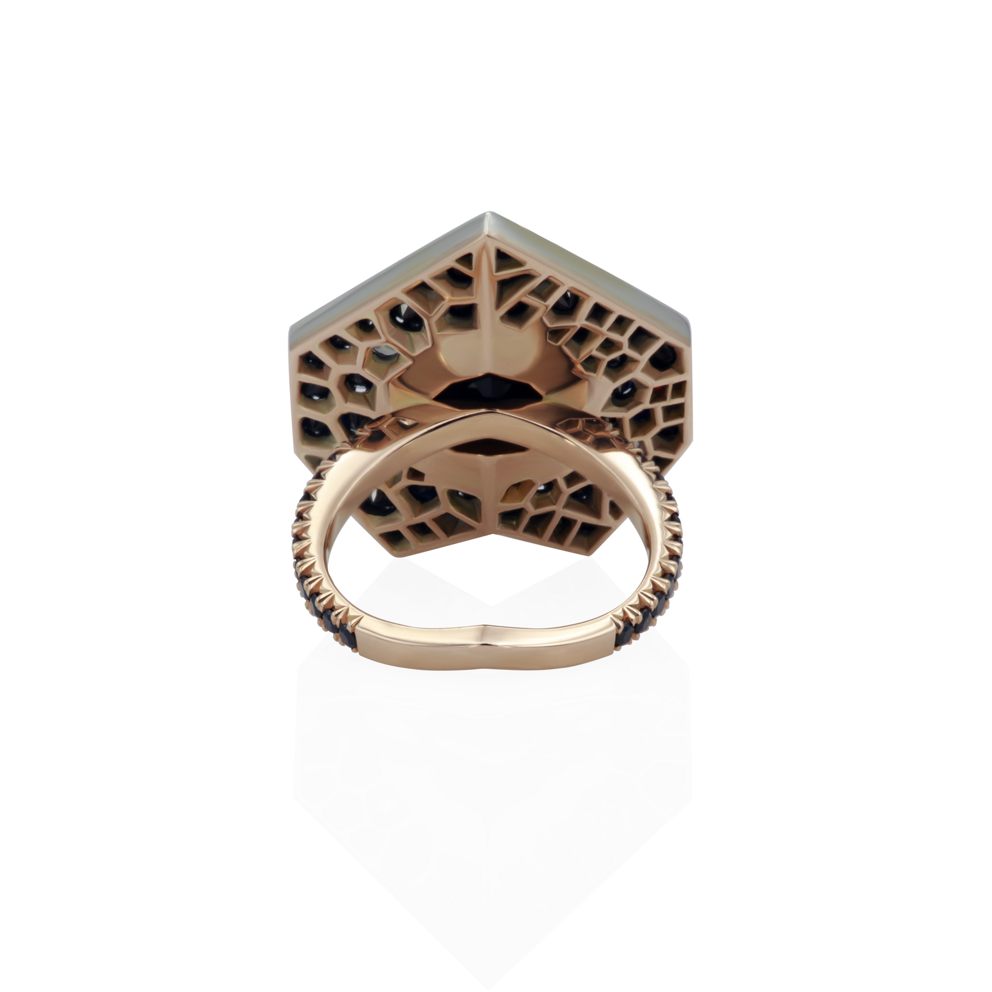 One-of-a-kind Eclipse Of The Heart ring in 18K rose gold and oxidized sterling silver with a 5.61ct natural black spinel, 5.98cts of black, yellow, and red sapphires in random snow pavé, fishtail-set shank, and decorative mises à jour.