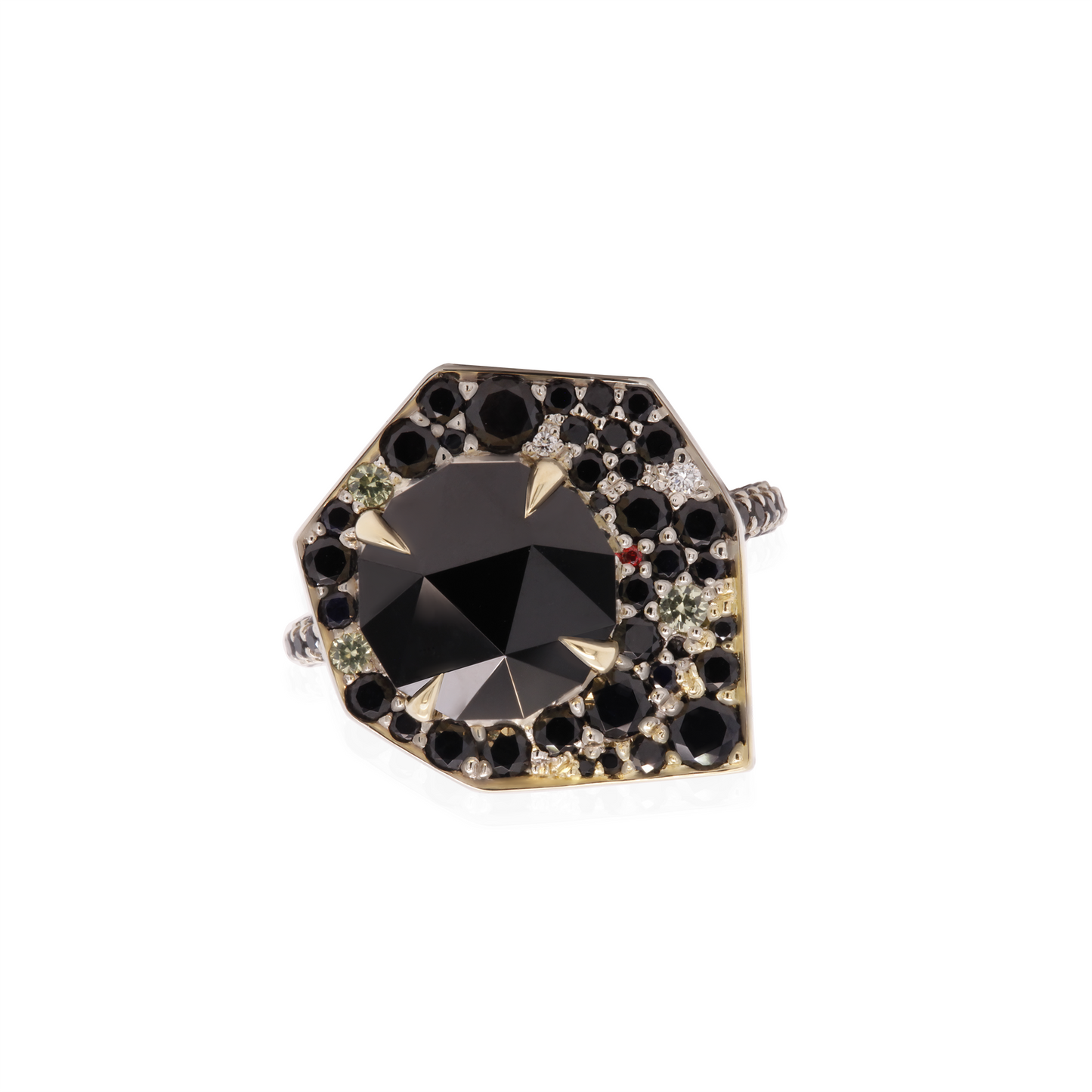 18K white and yellow gold high jewellery ring featuring a 5.23ct custom-cut black spinel, 4.56cts of blue, green, and orange sapphires, and two bead-set round brilliant-cut diamond accents in a random pavé-inspired design.