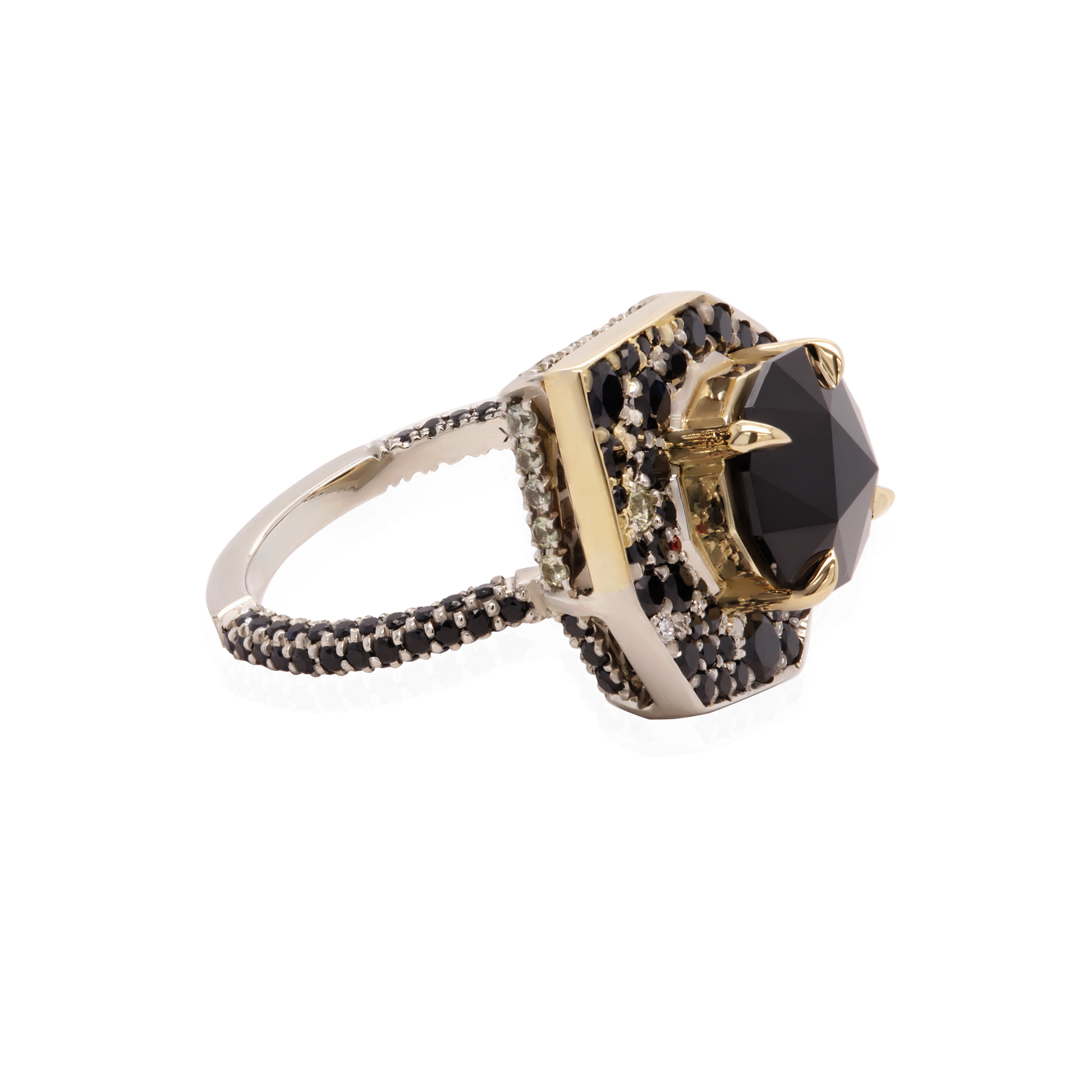 18K white and yellow gold high jewellery ring featuring a 5.23ct custom-cut black spinel, 4.56cts of blue, green, and orange sapphires, and two bead-set round brilliant-cut diamond accents in a random pavé-inspired design.