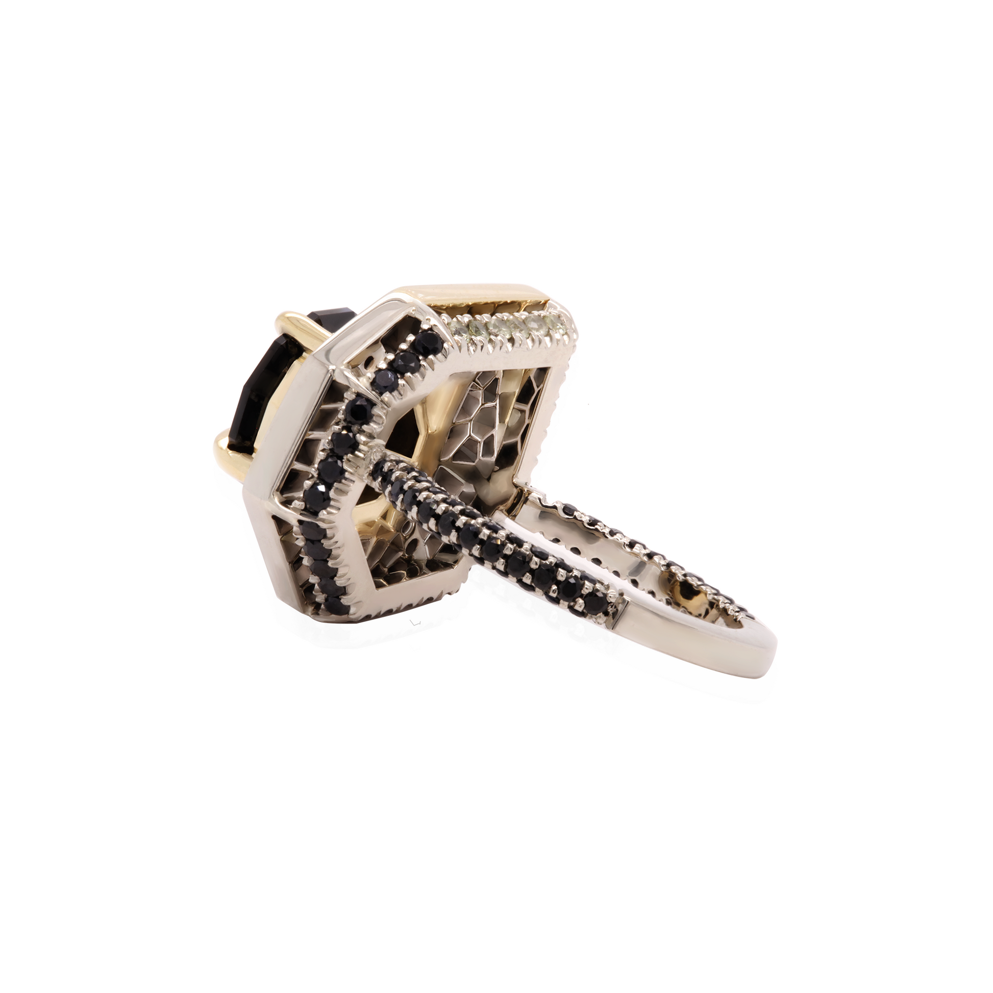 18K white and yellow gold high jewellery ring featuring a 5.23ct custom-cut black spinel, 4.56cts of blue, green, and orange sapphires, and two bead-set round brilliant-cut diamond accents in a random pavé-inspired design.