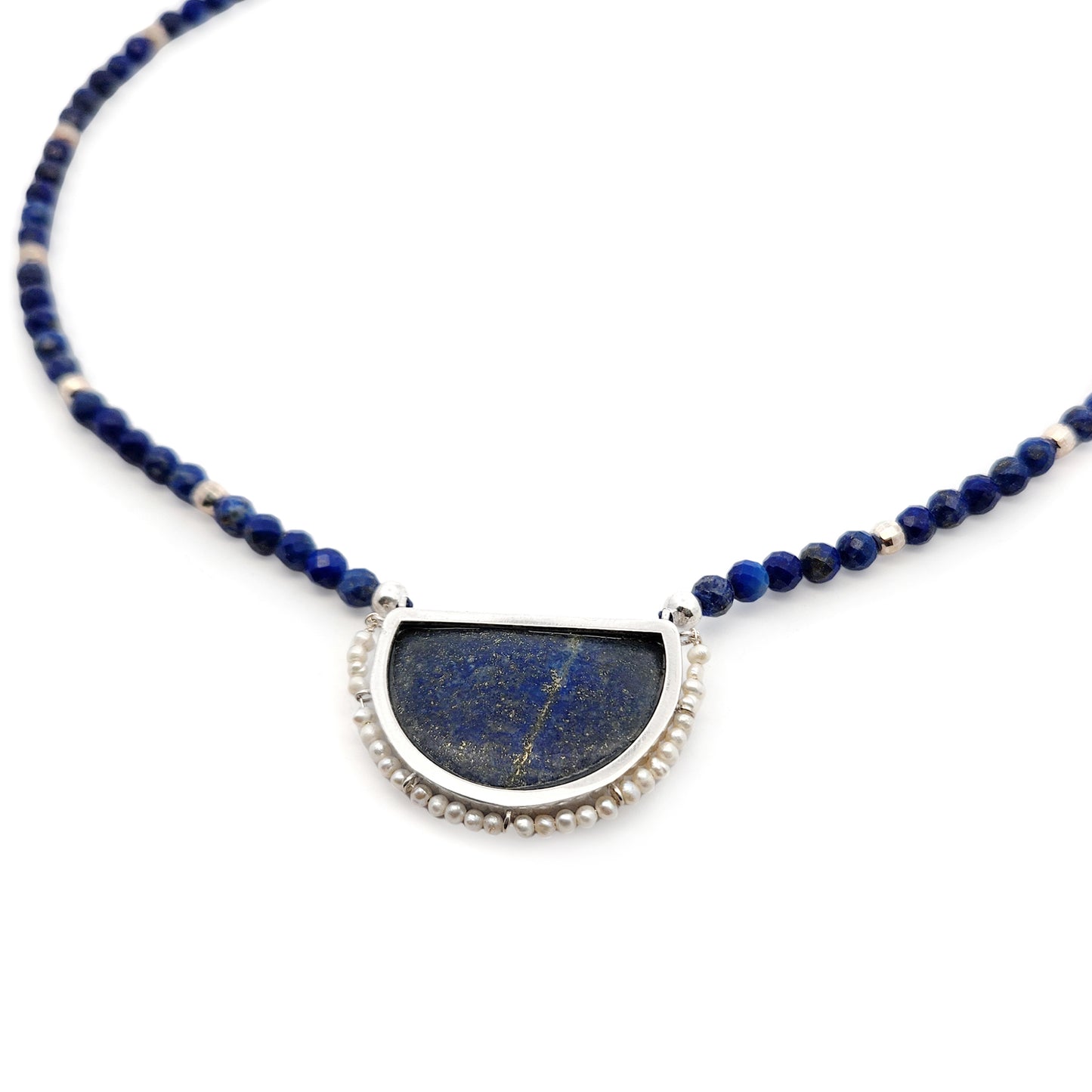 Half-Circle Lapis & Pearl Necklace
