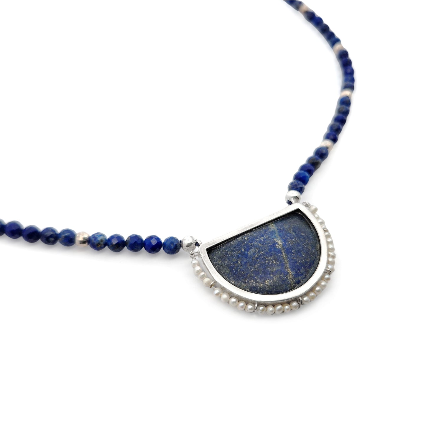 Half-Circle Lapis & Pearl Necklace