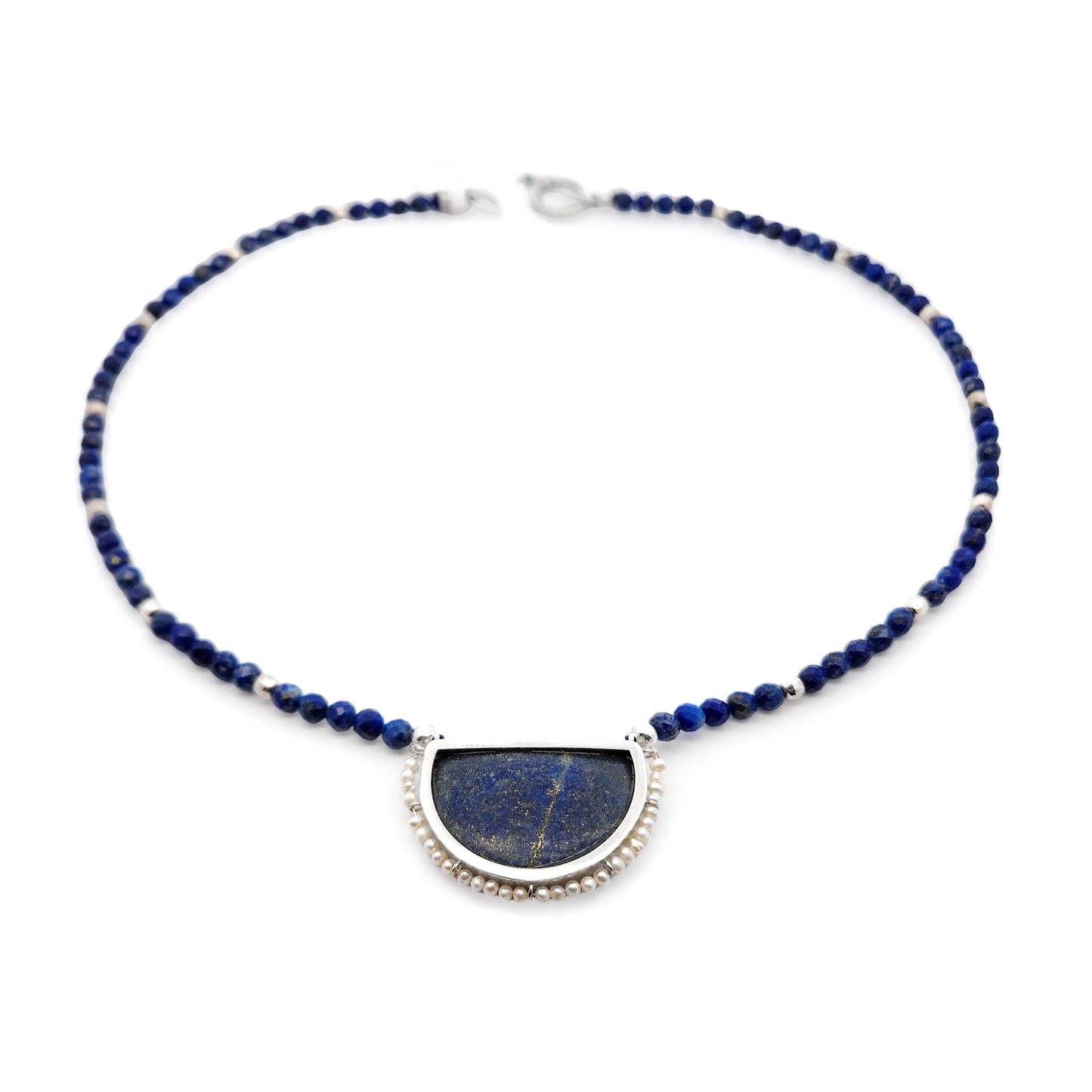Half-Circle Lapis & Pearl Necklace
