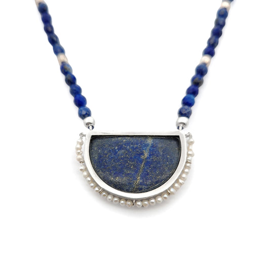 Half-Circle Lapis & Pearl Necklace